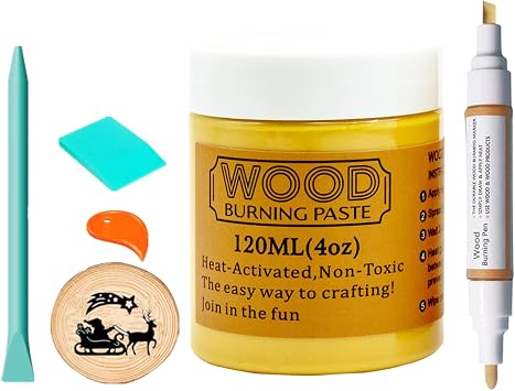4 OZ Wood Burning Paste with 2 Mini Squeegees Wood Burning Pen, Wood Burning Gel Stable Heat Activated Paste Etching Cream for Wood Slice, Canvas, Denim, DIY Art Reusable Crafts Stencil Paint