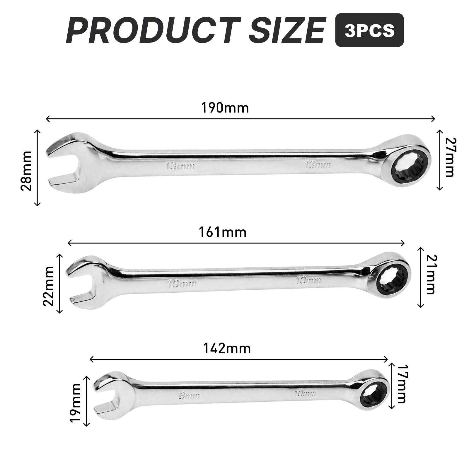 Juego de llaves planas de trinquete, 8 mm, 10 mm, 13 mm, juego de llaves planas de trinquete, 8 10 13 mm, cromo vanadio