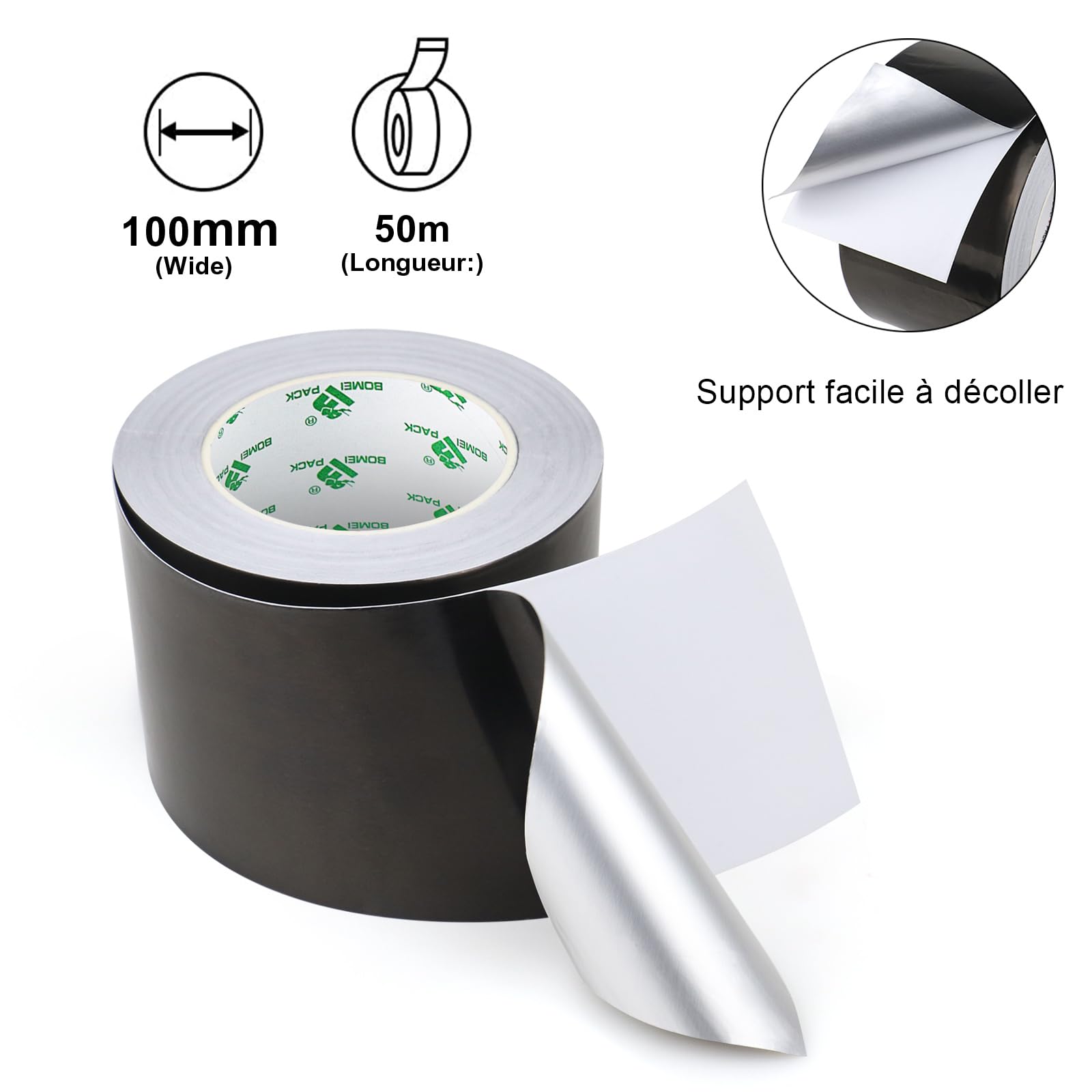 BOMEI PACK Large Ruban adhésif en aluminium 50 m ruban métallique très résistant, résistant à la chaleur, parfait pour l'étanchéité et le colmatage, réparation des métaux (Noir 100mm*50m)