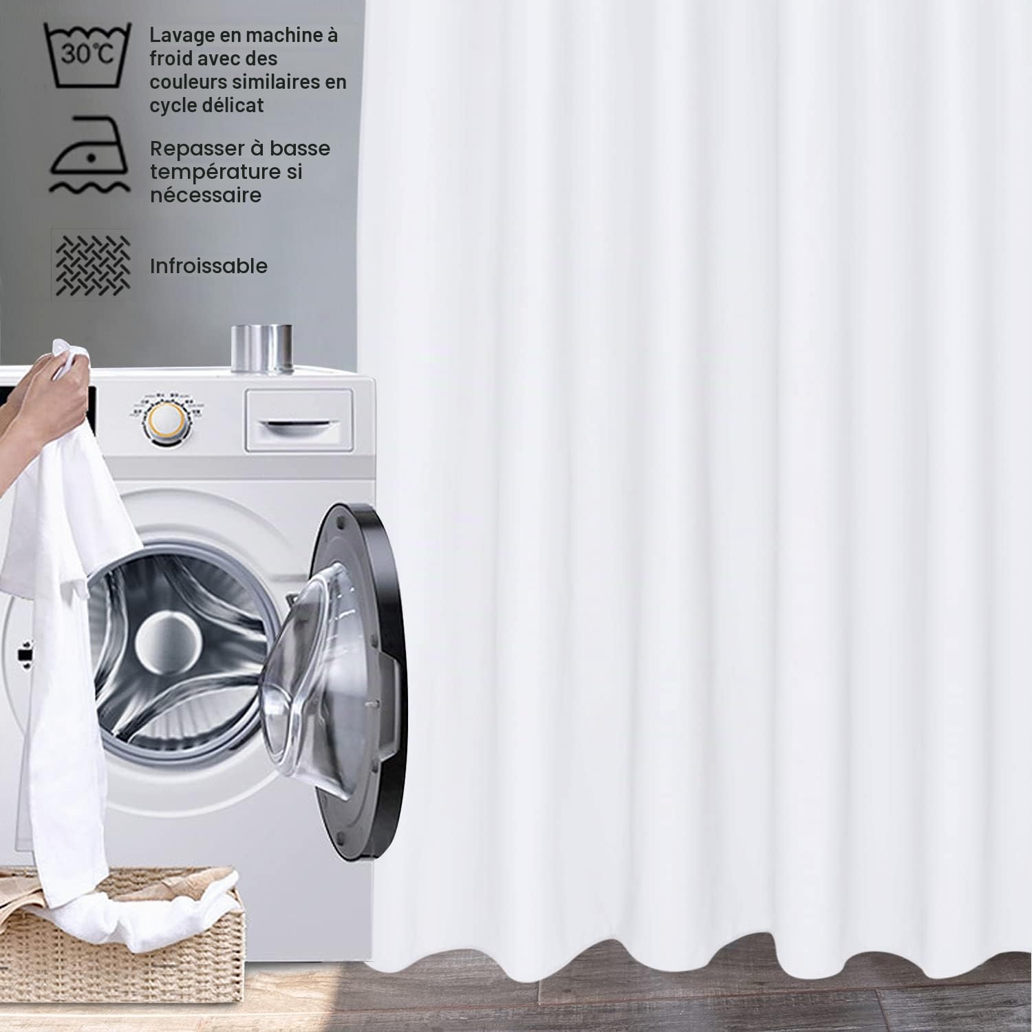 EurCross Rideau de douche 180x200 cm Blanc anti-moisissure imperméable lavable en machine