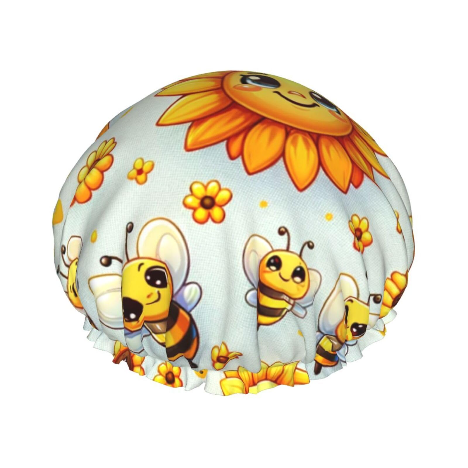 Women Reusable Shower Cap Cute-Sunflower-Bee Double Layers Waterproof Elastic Band Bath Hair Hat Stretch Hem Hair Hat