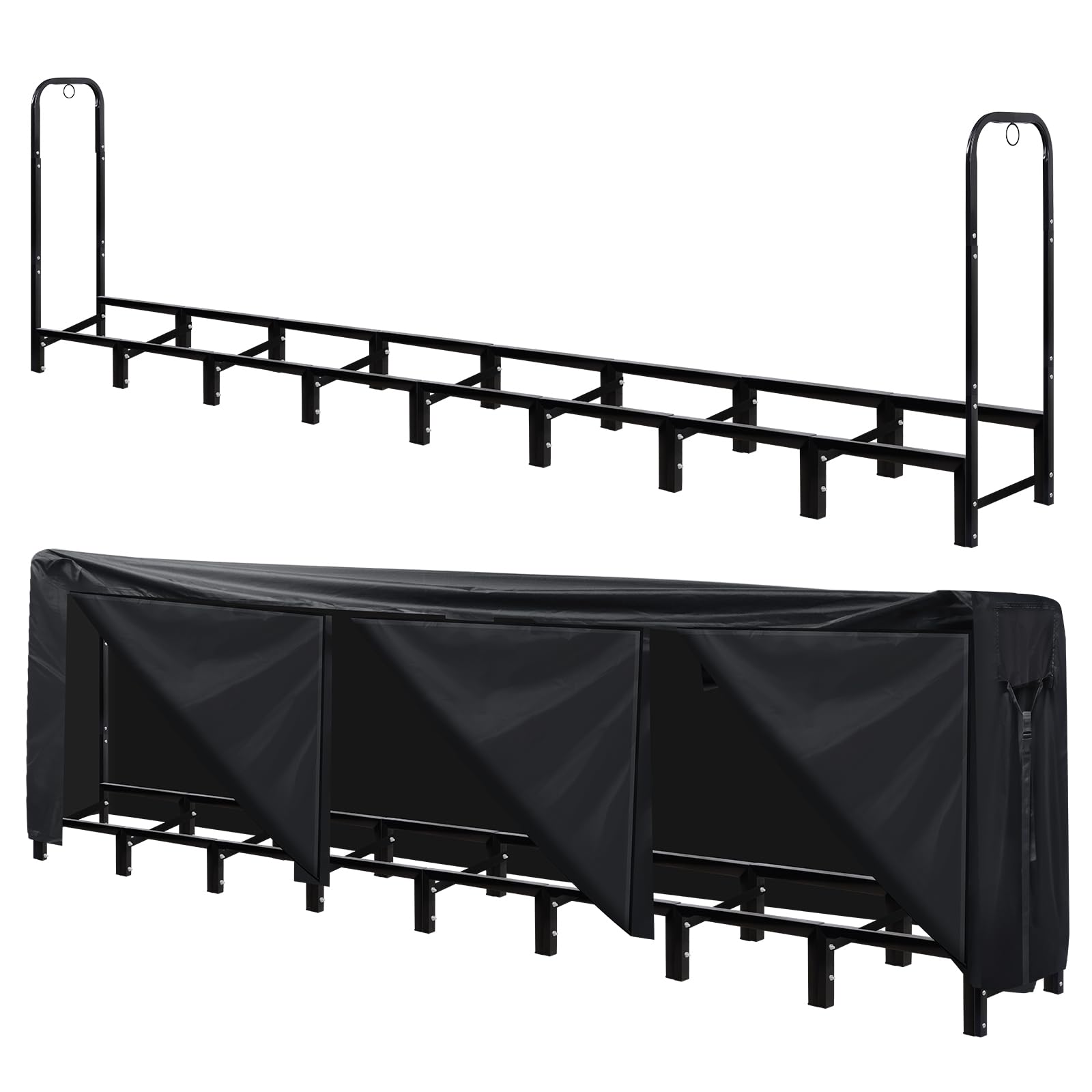 10.6FT Firewood Rack with Cover - Outdoor Use Ready, Quick-Access Zippered Cover for Easy Wood Storage & Retrieval, Wind-Resistant Straps, Stable & Secure Construction
