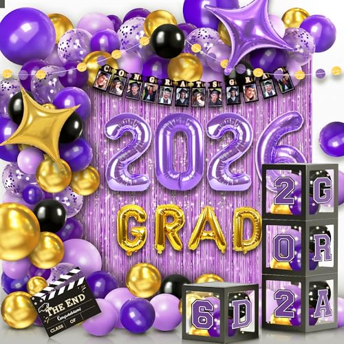 Image of Party Spot！2026 Purple and Gold Graduation Party Decorations,124 PCS Graduation Decorations Class of 2026,4 PCS Balloons Boxes with LED Light String & Letters 2026 GRAD So Proud of You