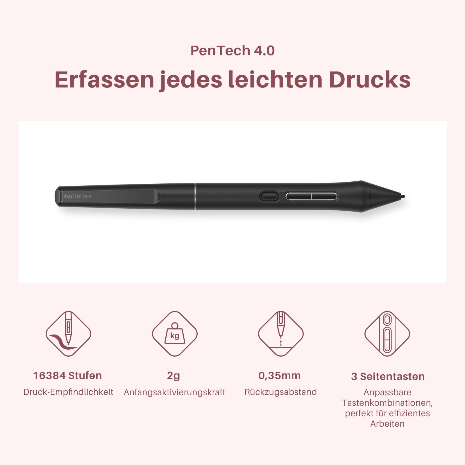 HUION Kamvas 13 Gen 3 Grafiktablett mit Display, Entspiegeltes Geätztes Glas, PenTech 4.0, 16384 Stiftdruck, Verstellbarer Ständer, 13,3 Zoll Dual Dial Zeichentablett für Designer, Künstler, Rosa