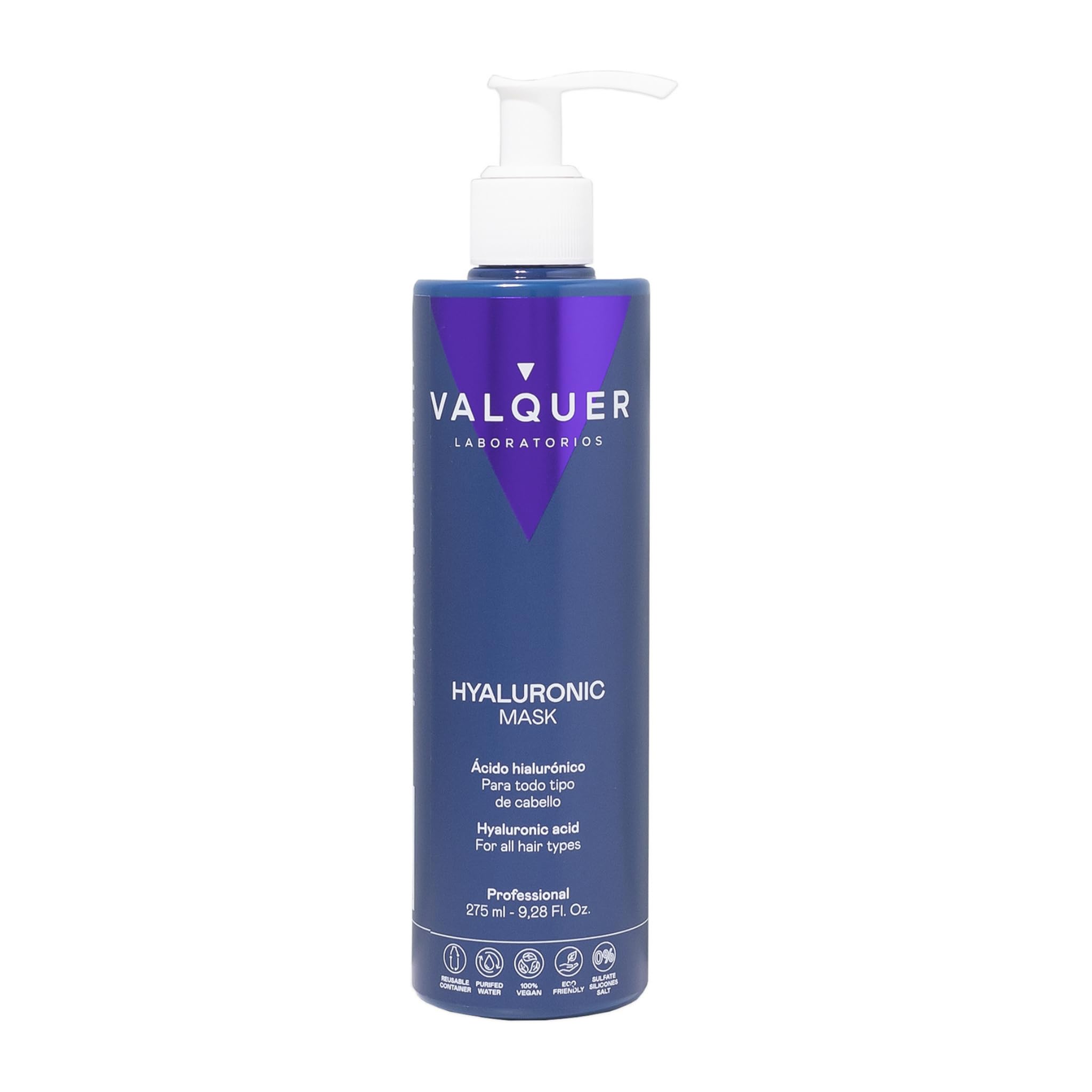 Valquer Hyaluronic Acid Hydrating and Repairing Hair Mask. Zero Formula with Panthenol Keratin and Aloe Vera. Revitalises and protects dry damaged hair. Suitable for all hair types. 275 ml.