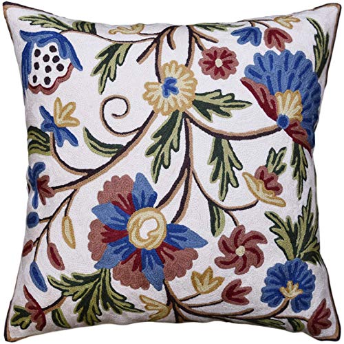 Kashmir Designs Dahlien-Blumen-Kissenbezug, cremefarben, Blumen-Kissen, Outdoor-Kissen, Suzani-Kissen, Blumen-Kissenbezug, handbestickte Kissen, Wollgröße - 45,7 x 45,7 cm Cover
