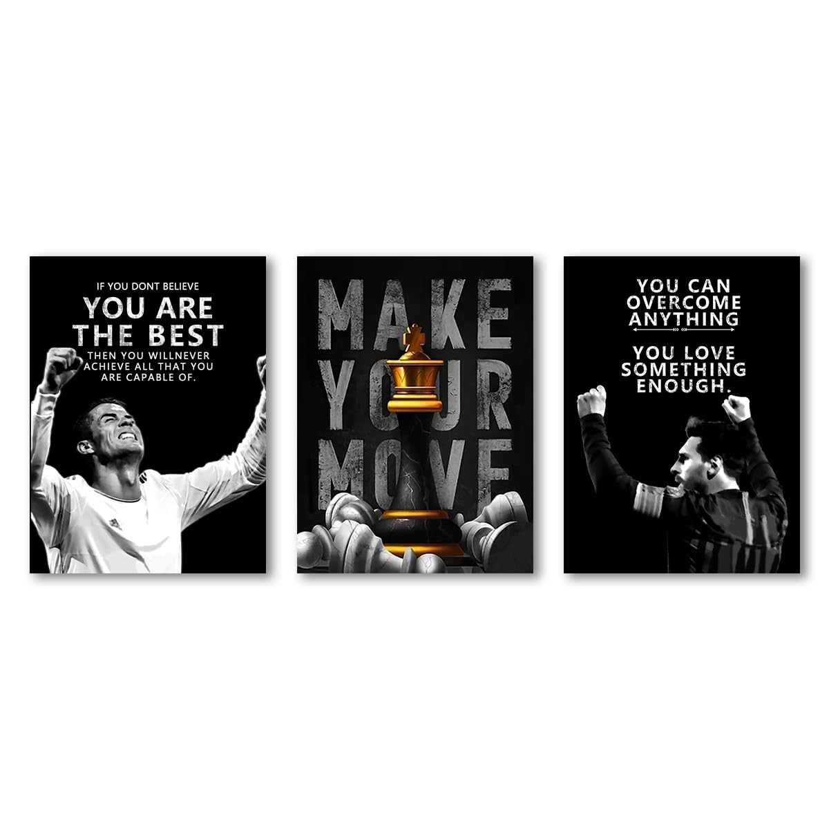 QridRir Black and White Wall Decor,Office Hardworking Motivational Quote Posters,Soccer Player Wall Art,Chess Prints for Classroom Decoration,12x16inches Unframed Canvas Set of 3