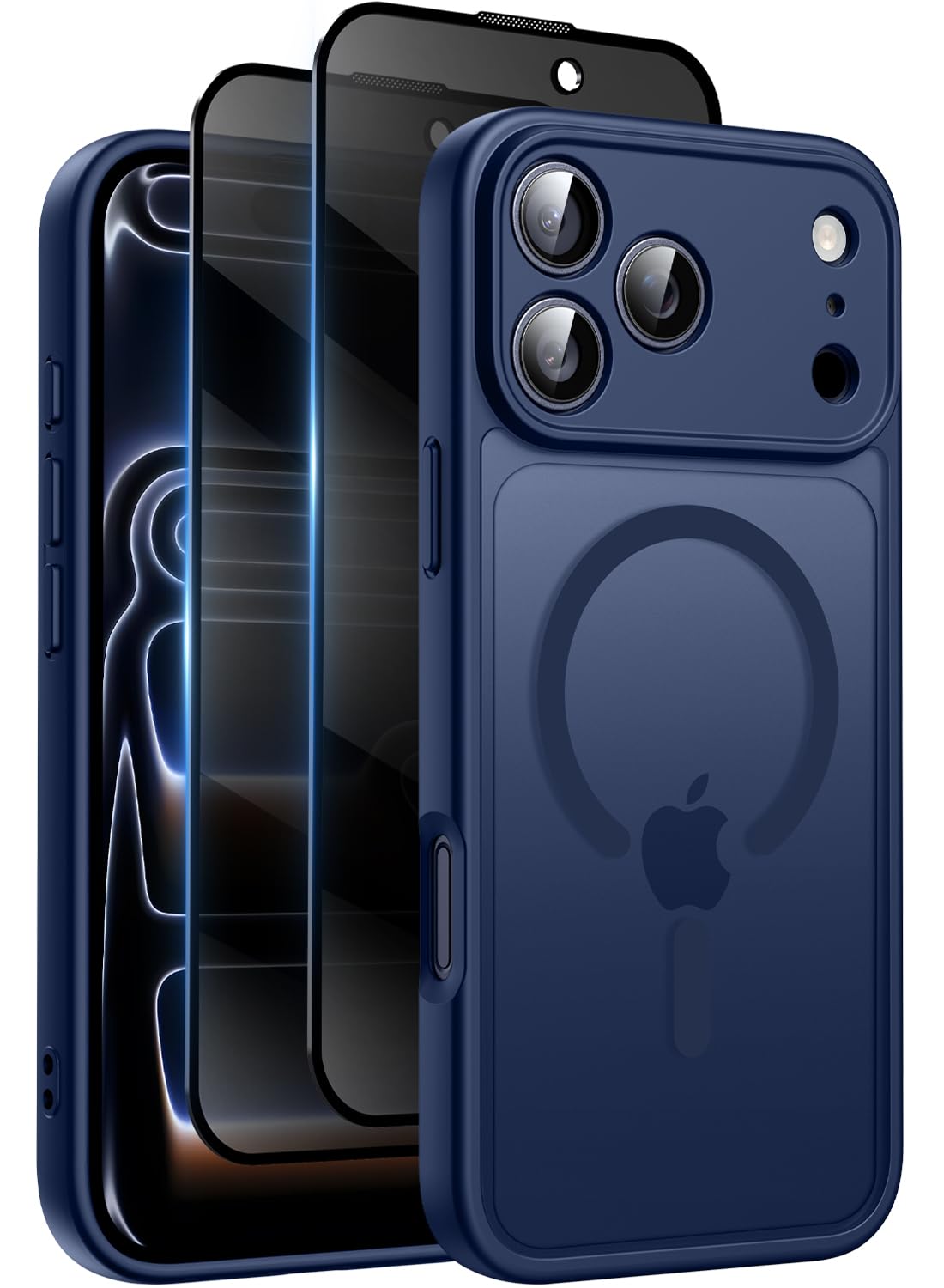 Helssitot Coque Magnétique pour iPhone 17 Pro Max avec 2 Verre Trempé Anti-Espion, Compatible avec MagSafe, Étui Mat Translucide Arrière Housse Antichoc Anti-Rayures pour iPhone 17 Pro Max, Bleu foncé
