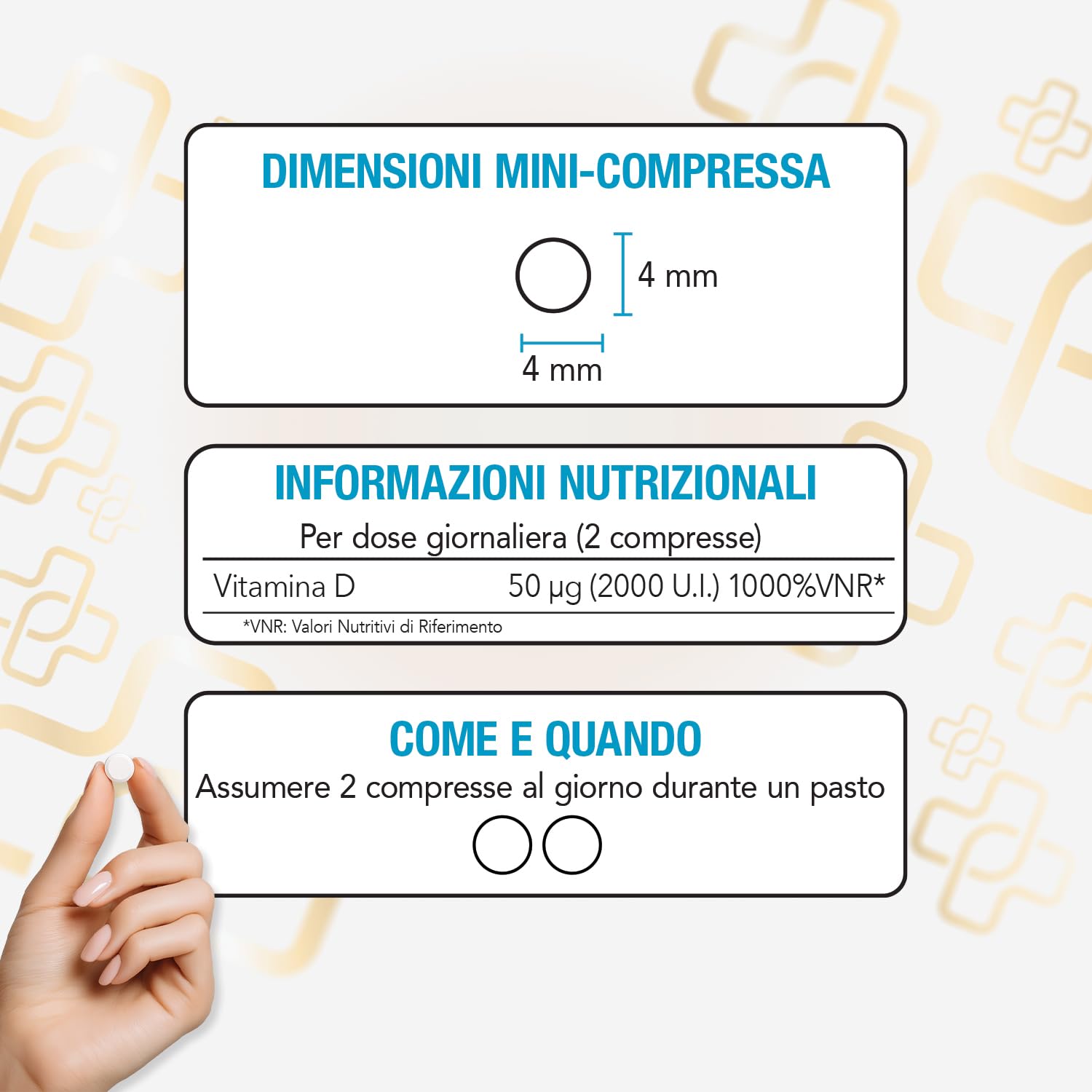 Vitamina D 2000 UI PiùLife, 600 Mini Compresse Vitamina D3 Masticabile (2cpr Per Dose), Integratore Vit D Pura, Difese Immunitarie, Ossa Muscoli Denti, Vit D3 Gluten Free, Lactose Free
