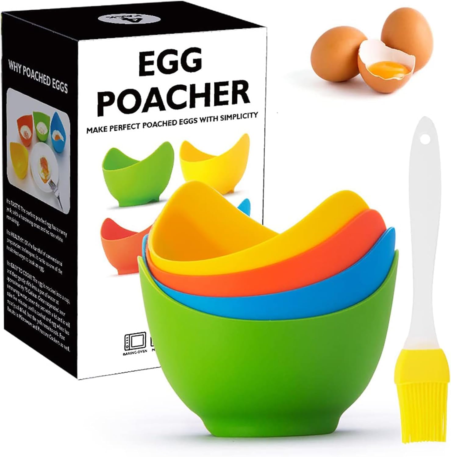 BAISEBAOFU 4 Pack Silicone Egg Poacher Cups with Basting Brush, Non-Stick Poached Egg Maker for Home Kitchen (4)