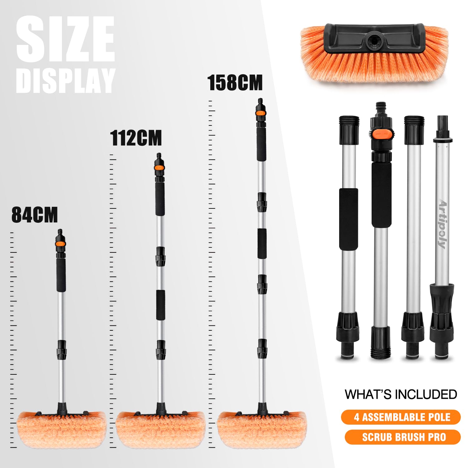 ARTIPOLY Brosse de lavage de voiture à long manche 165 cm | Poignée extensible, fixation de tuyau, anti-rayures, poils doux, idéal pour voiture, camping-car, panneaux solaires