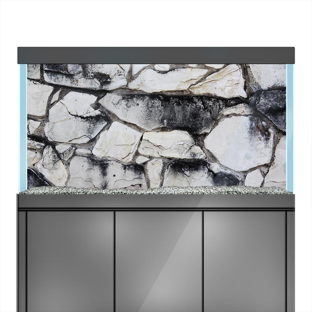 Aquarium Background Stickers - Stone Wall Texture Rock White - Fish Tank Reptile Terrarium Decor Poster (90 x 60 cm / (35.4 x 23.6 inches))