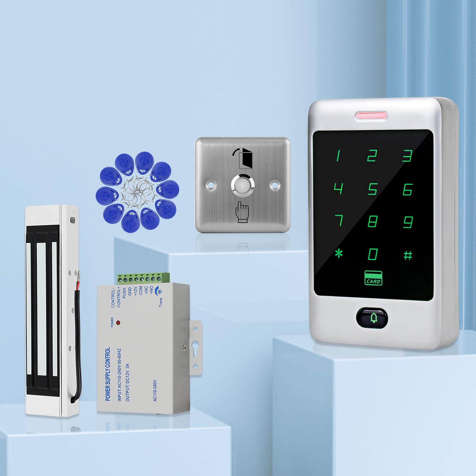 ReaIOKbii Standalone Access Control System Kit RFID Keypad Touch Metal Keypad Door Card Reader 180KG/350LBs Magnetic Lock Stainless Steel Exit Button 10 ID Keychains - Image 2