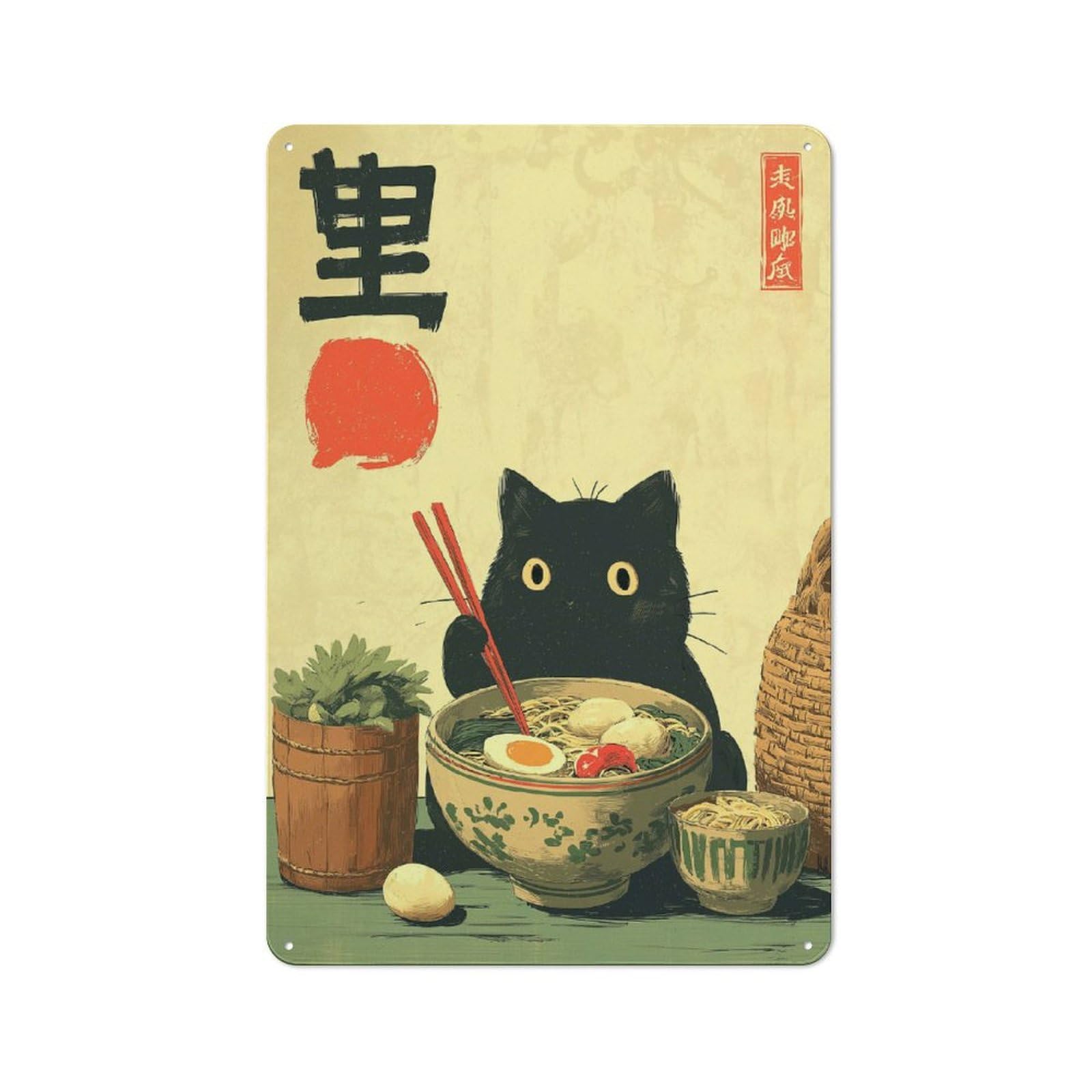 Junmoney Style-18 Rustic Tin Sign 30X20cm Featuring Black Cat With Ramen Bowl Art For Living Room Wall, For Room Styling Across Living Rooms And Feature Walls