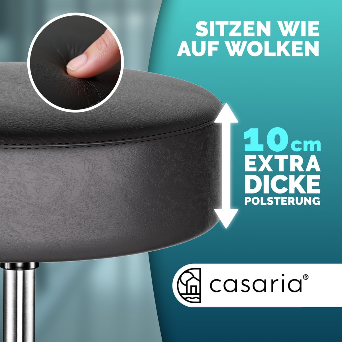Casaria® Rollhocker Höhenverstellbar Schwarz 10cm Polsterung 46-60cm Sitzhöhe 360° Drehbar Ø35cm Rund Rollen Bürohocker Drehhocker Arbeitshocker Hocker