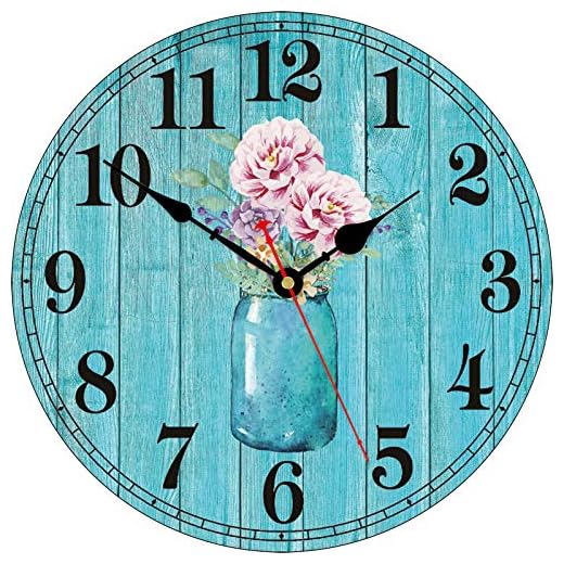 TAHEAT 14 Inch Flowers in Bottle Pattern Wall Clock, Retro Vintage Floral Silent Non Ticking Wooden Clocks, Decorative Easy to Read for Kitchen Living Room Bedroom Bathroom Office Decor