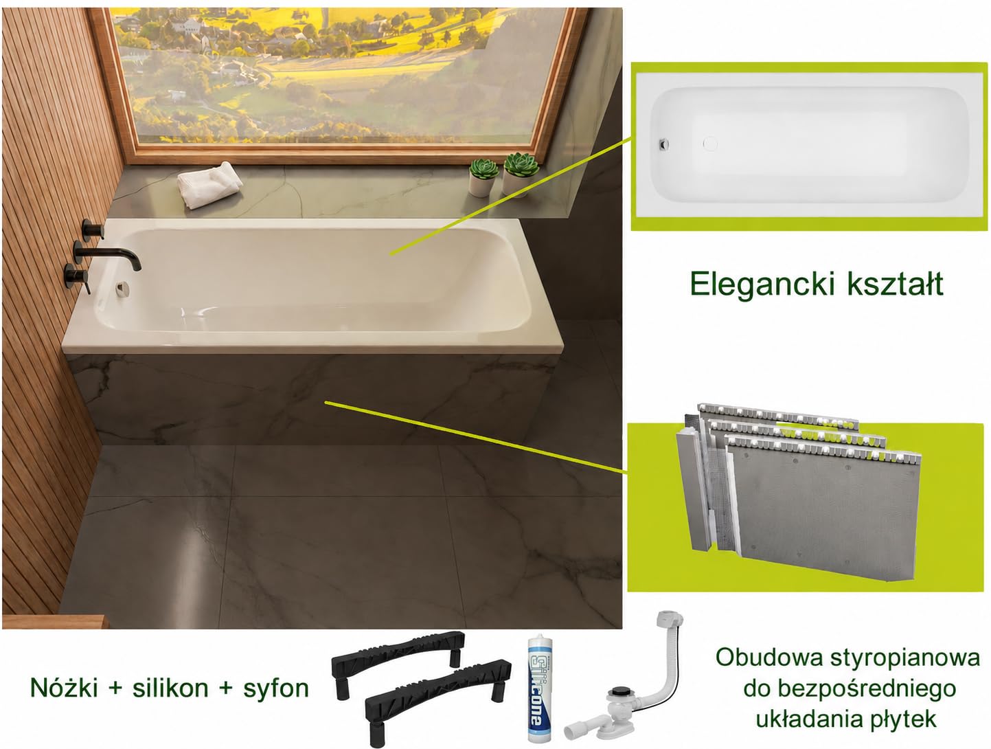 Wanna ECOLAM Pola 170x70 cm + wyściółka styropianowa pod płytki | Nowoczesna wanna prostokątna, najwyższej jakości wanna akrylowa | Kompletny zestaw z odpływem, nóżkami i silikonową obudową