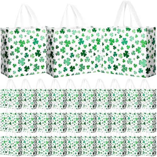 Abbylike 30 Pcs St Patrick's Day Lucky Gift Bag Large Irish Gift Bags Shamrock Candy Green Non Woven Bags for Party Favor