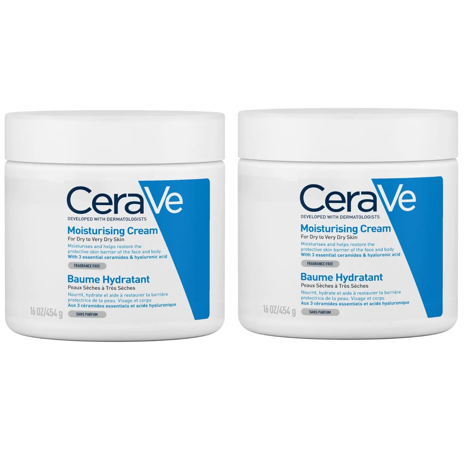 CeraVe Lot de 2 crèmes hydratantes – Avec acide hyaluronique et 3 céramides essentielles – Hydratation riche pour le visage et le corps secs à très secs, convient aux peaux sensibles 454 g x 2