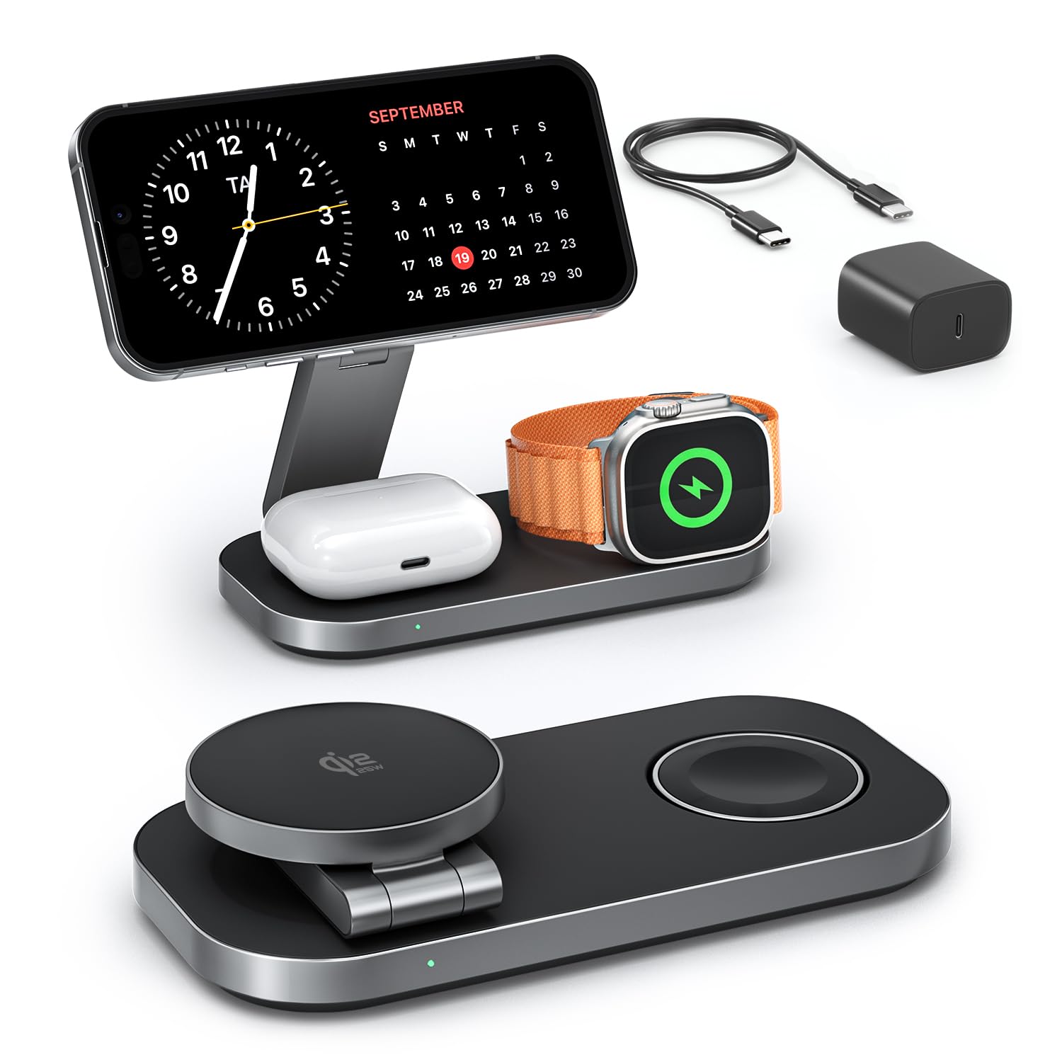 Photo 1 of 3-in-1 Charging Station for Apple Device, Qi2 25W Certified Magnetic Wireless Foldable Fast Charger Stand Compatible with MagSafe for iPhone 17e/17/16/15/14/13/12/Air Series, Apple Watch & AirPods