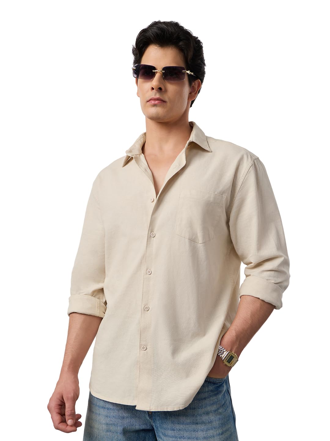 the souled store Cotton Linen: Men and Boys Long Sleeve Spread Collar Solid Cotton Relaxed Fit Easy to Style Everyday Office Wear Cotton Linen Shirts-picture-18