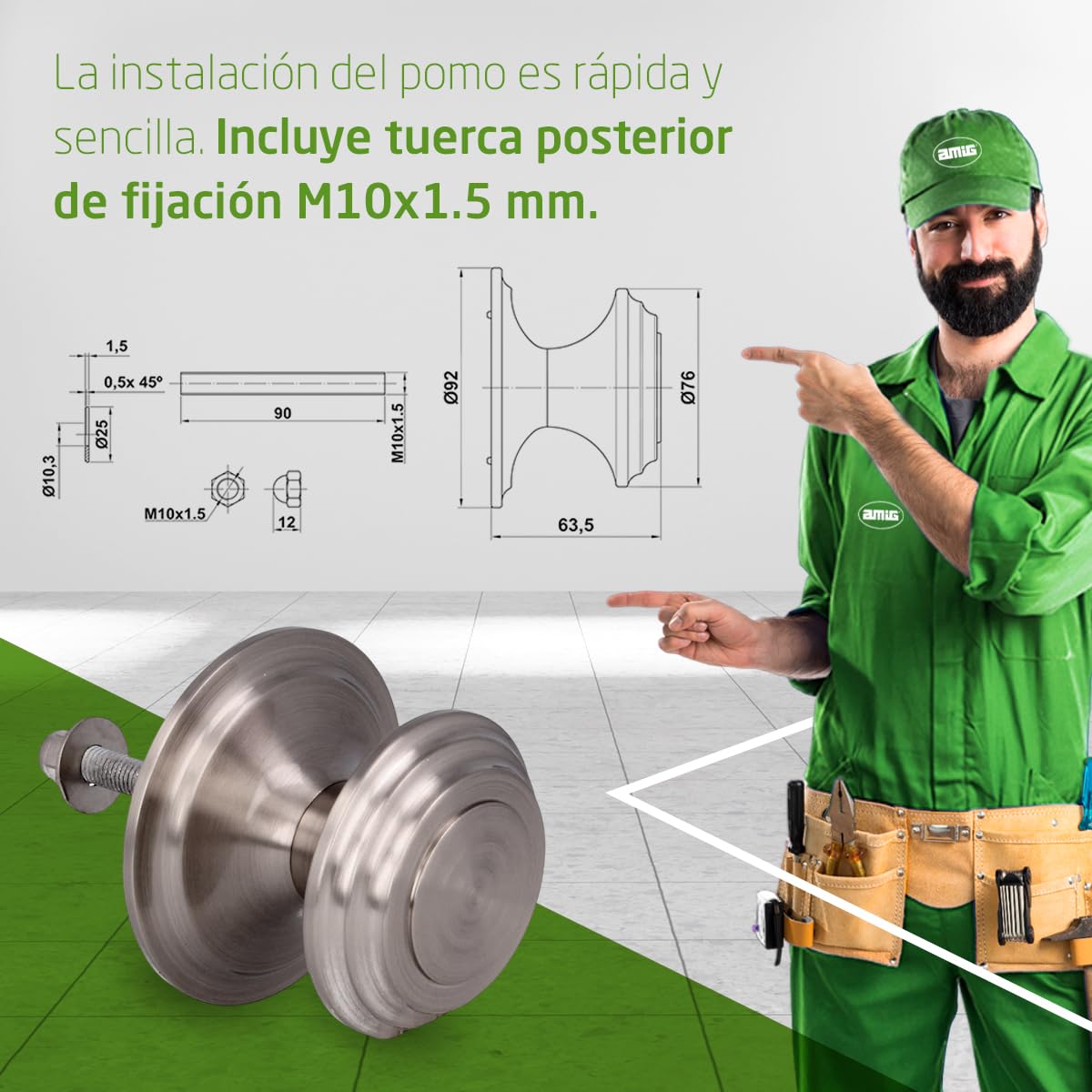 Amig - Pomo de Puerta - Fabricado en Latón - Tirador: Ø76 mm - Cromado mate -Macizo - Resistente al Frotamiento, Óxido y Corrosión