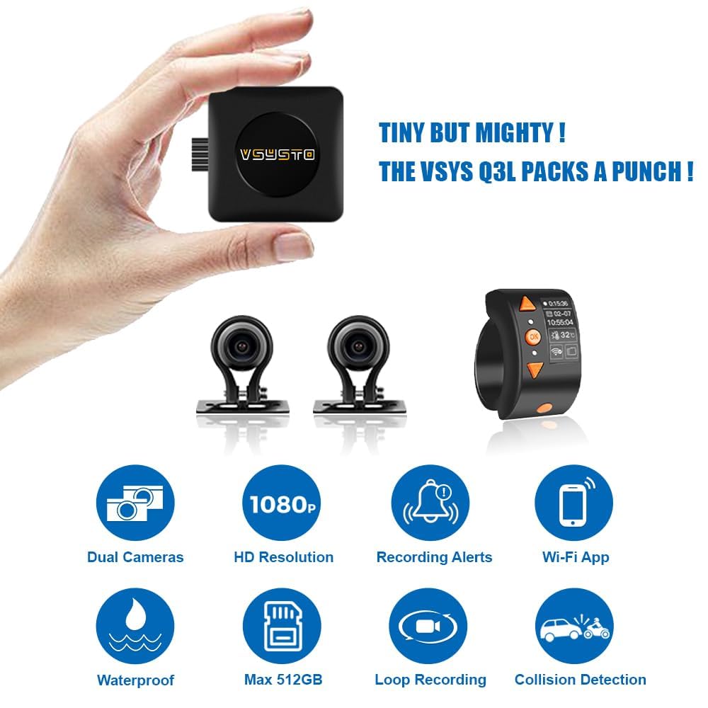 Caméra WiFi pour Moto VSYSTO, Contrôleur Filiaire avec Écran OLED, Téléchargement Vidéo Haute Vitesse, Caméras Étanches 1080P, Affichage de la Température, Alerte de Vibration d'Erreur (Q3L)
