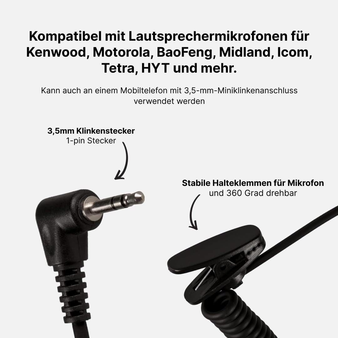 Ohrhörer (4er-Pack) Schallschlauch mit 3,5mm Klinke - transparent inkl. Halteclip und 10 (x4) Ohrstöpsel - Kopfhörer Headset für Funkgeräte