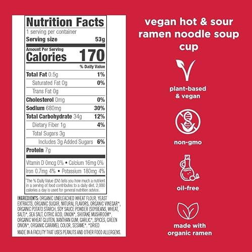 Dr. Mcdougall's Hot And Sour Vegan Ramen Soup - Spicy Ramen Noodles - Instant Ramen Noodle Cups - Non-Gmo Instant Hot Noodles - Oil-Free Soup 1.9 Ounces - Pack Of 6 #TOP1