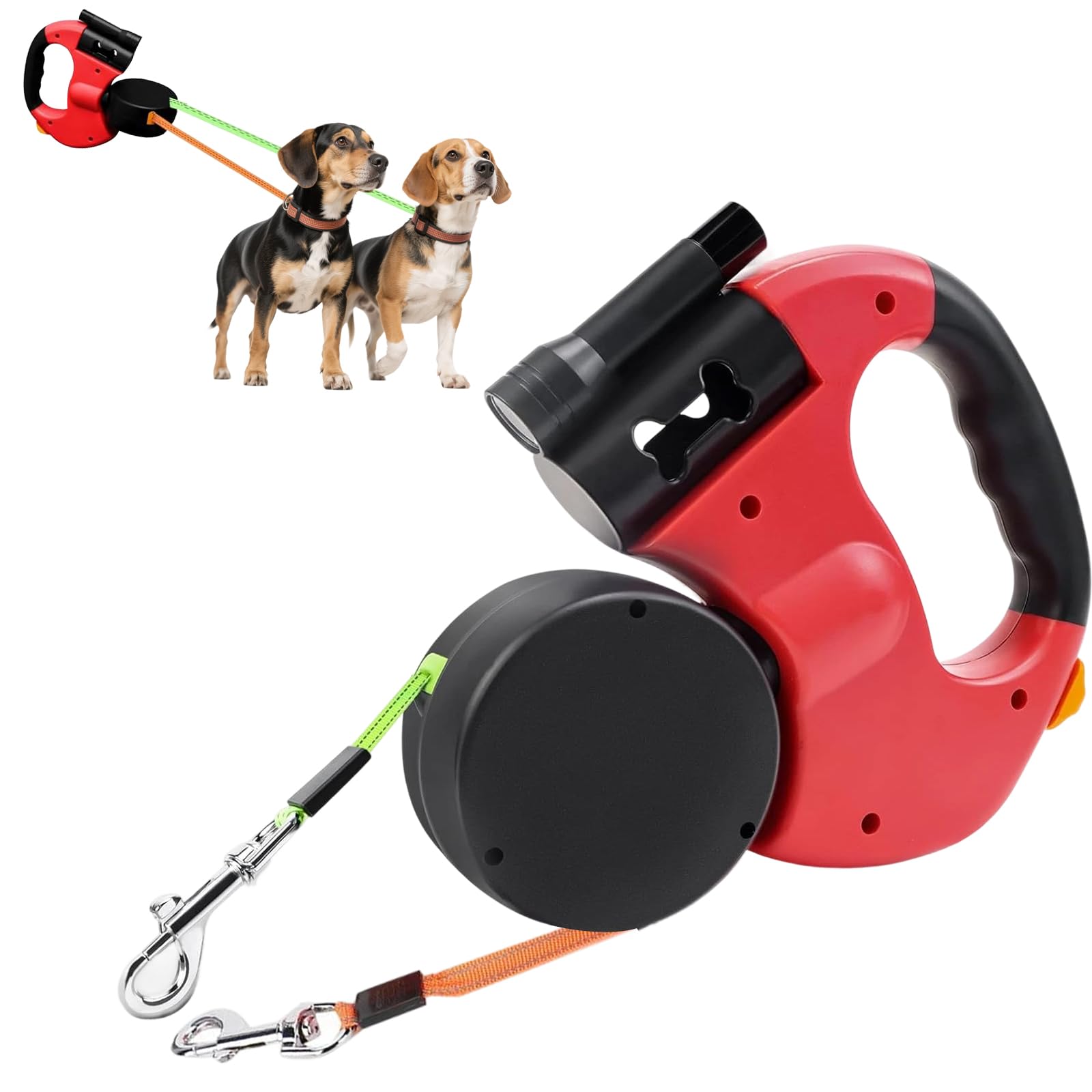 Guinzaglio retrattile da 3 m per 2 cani, doppio guinzaglio con luce LED, girevole a 360°, nylon riflettente, regolabile, per cani di piccola e grande taglia, rosso
