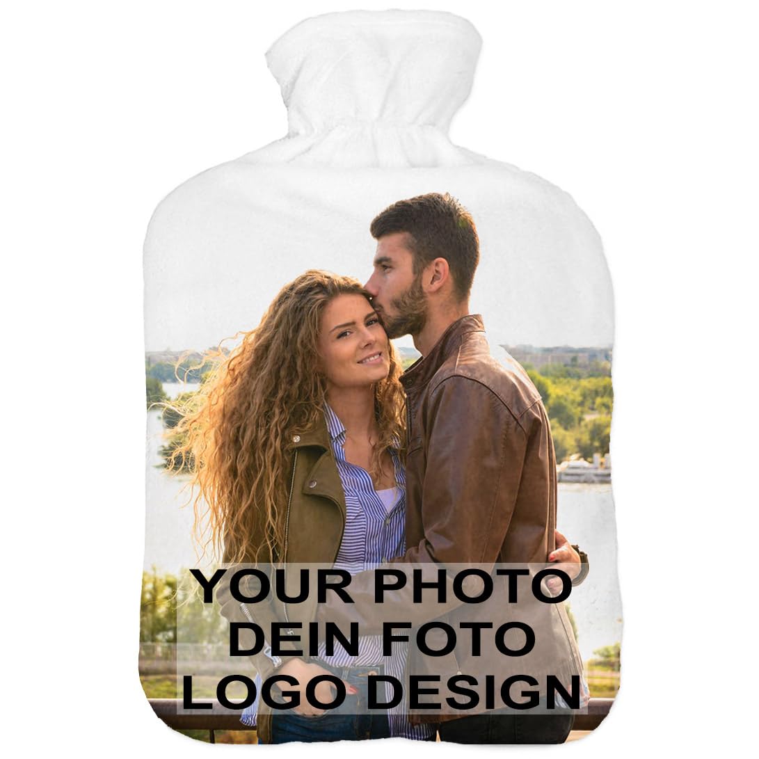 Personalizado Bolsa de agua caliente caucho forro polar 2 litros Botella De Agua De Gran Capacidad Una botella con un colorido suéter Blanco con tu foto/texto [092]