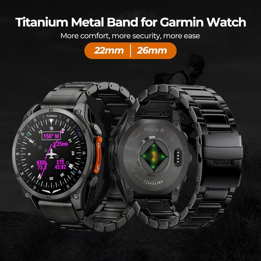 26mm Titanium Metal Quick Fit Watch Band Compatible for Instinct 3 50mm/Fenix 8 51mm/Enduro 3 51mm/Fenix 6X Pro/7X Pro Plus,22mm No Gap Band for Fenix 8 47mm/E 47mm/Fenix 6 Pro/7/5 Plus