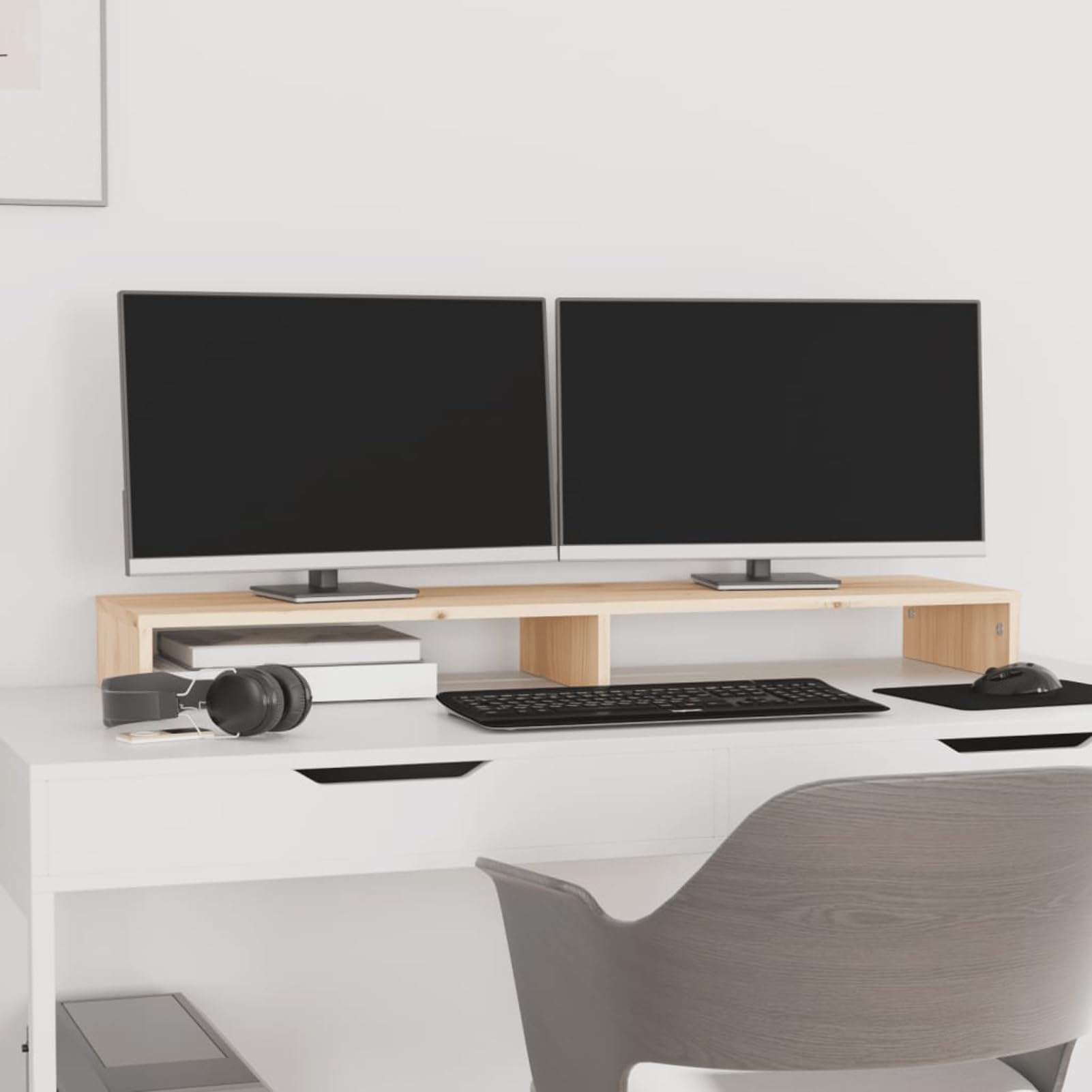 Supporto per monitor, 100 x 27 x 10 cm, in legno massello di pino | Legno di pino massiccio, robusto telaio in legno, altezza ergonomica del monitor, spazio per tastiera e dispositivi
