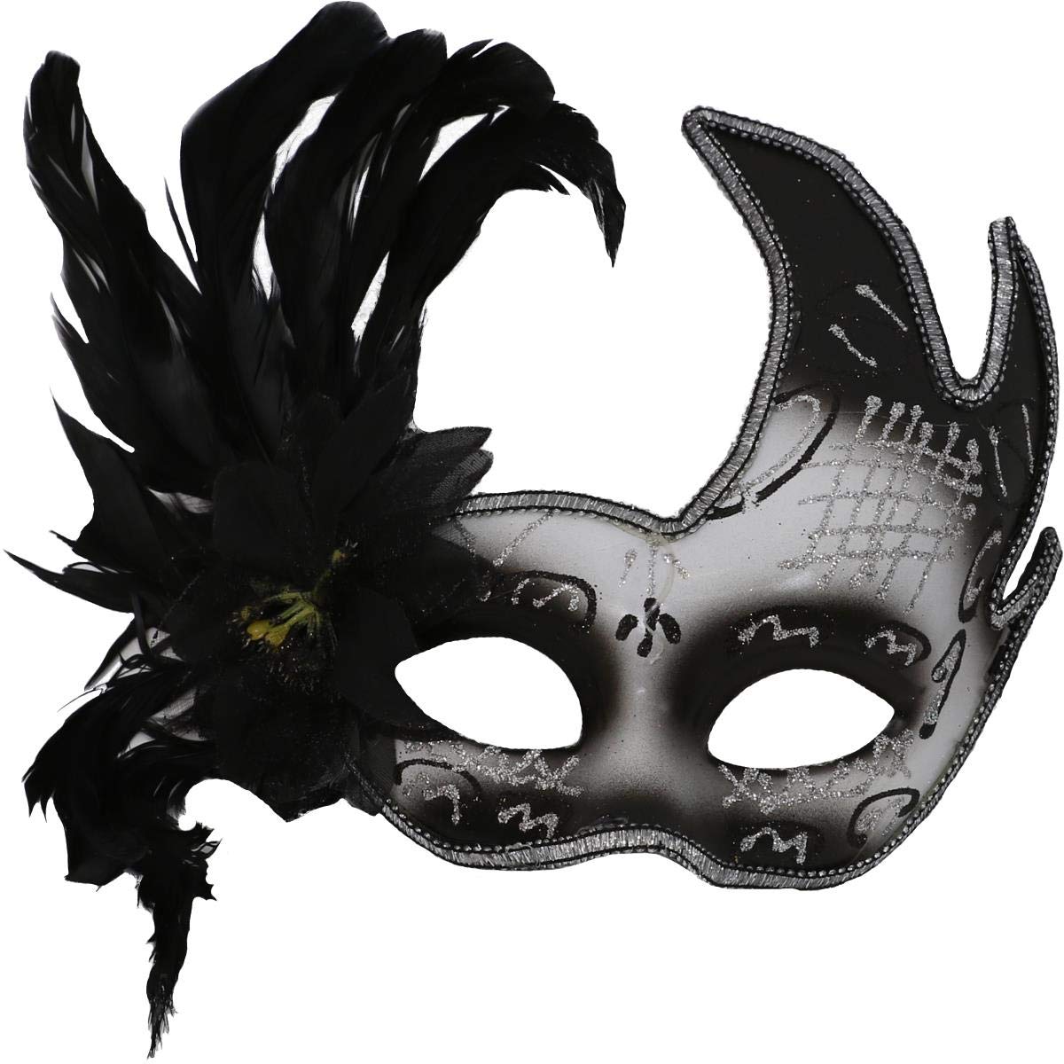 MASQUERADE MASKS FANCY DRESS COSTUME ACCESSORIES - BLACK, WHITE AND SILVER MASQUERADE MASKS CLASSIC DESIGN GLITTER DECORATIVE FACE MASKS WITH BLACK FEATHERS