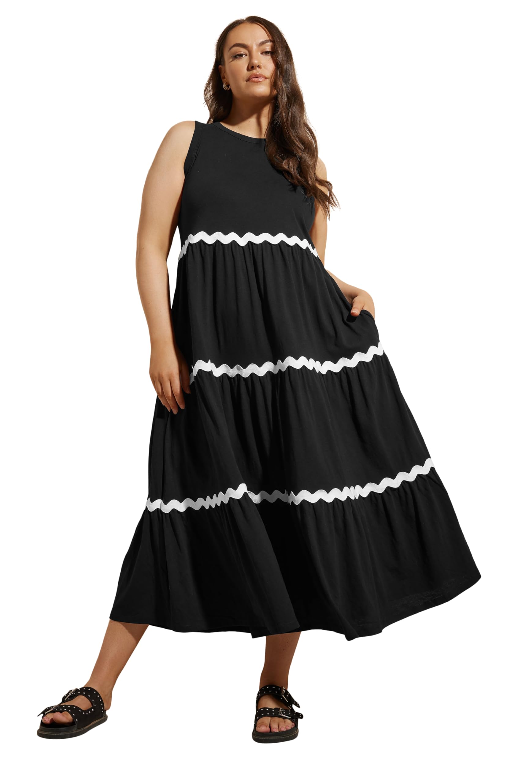 Yours Women's Black Curve Contrast Swirl Tiered Maxi Dress - Plus Size Curve