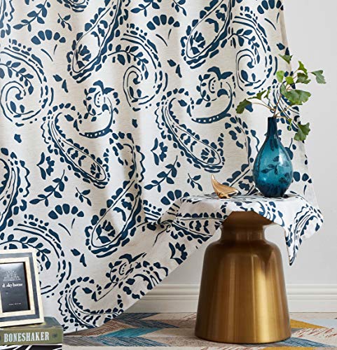 Ronaldecor Floral Print Curtain Panels,Linen Window Treatment Grommet Top Paisley Traditional Style Vintage Damask Drapes For Bedroom, 2 Panels, 52" X 84", Indigo Blue #TOP3