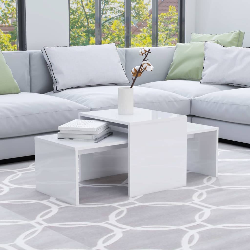 SXZenSpace White High-Gloss Engineered Wood Nesting Coffee Tables 100x48x40 cm Stackable Small Side Table for Living Room