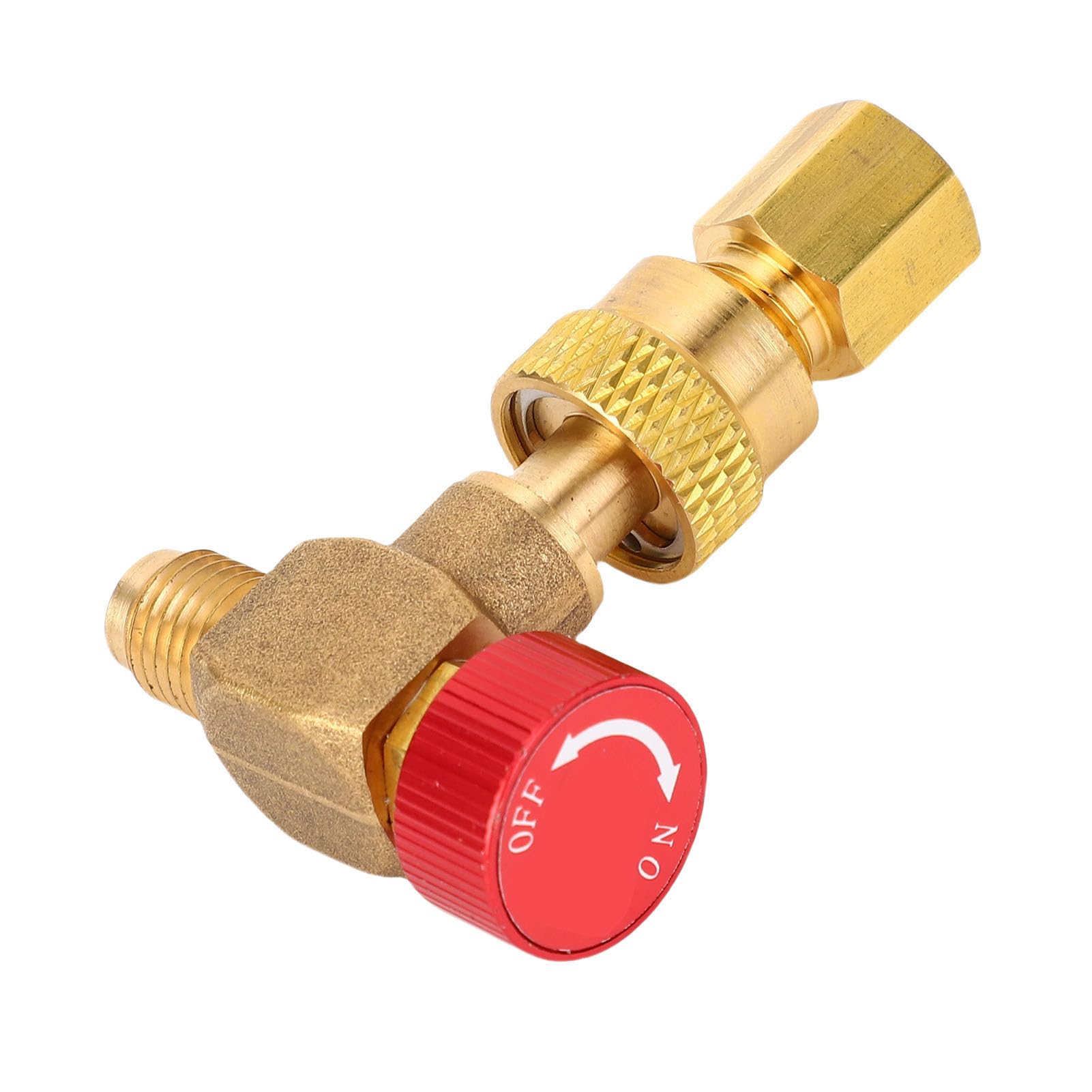 Valvola di Ricarica per Refrigerante R22 R410 R32, Valvola HVAC a 90 Gradi in Ottone, Pressione 55 Kg, Compatto 50mm con Connettore e Cappuccio Universale