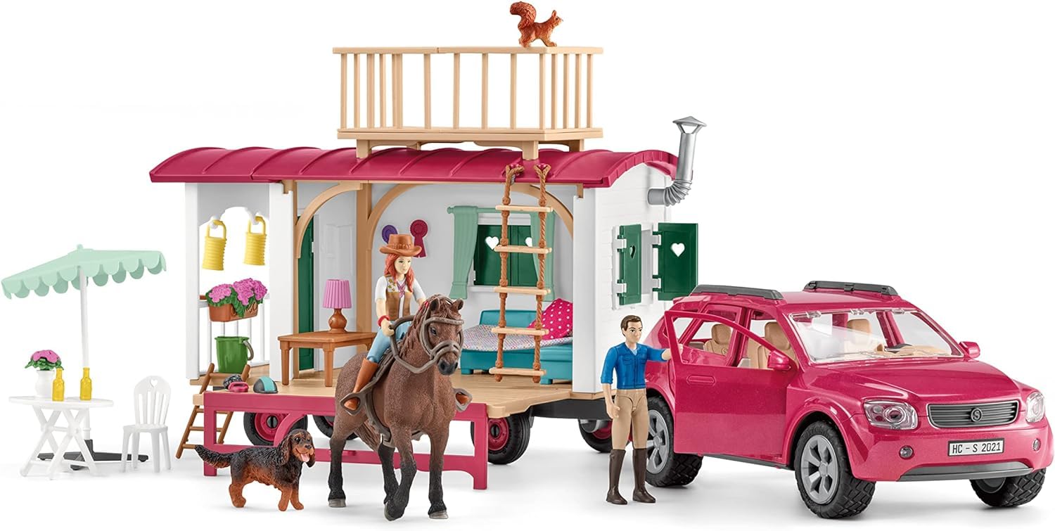 schleich HORSE CLUB | Przygoda z przyczepą kempingową 72205 | Zestaw z przyczepą, SUV-em, 2 figurkami, koniem i psem | Akcesoria dla koni schleich | Zabawka od 5 lat | 113 elementów | tylko na Amazon | Zestaw z przyczepą kempingową, SUV-em, 2 figurkami, k