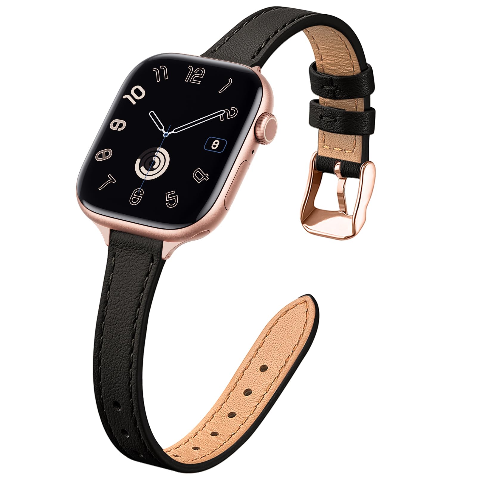 STIROLL Slim Leather Bands Compatible with Apple Watch Band 49mm 46mm 45mm 44mm 42mm(Series 3 2 1), Top Grain Leather Watch Thin Wristband for iWatch