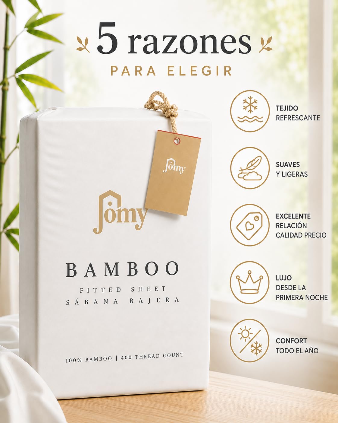Jomy - Sábana Bajera bambú 150 x 190/200 + 30 para Cama 150 cm, Sabana Bajera Suave y refrescante Termorreguladora Sábanas Frescas para Verano, Color Blanco Saten 400 Hilos