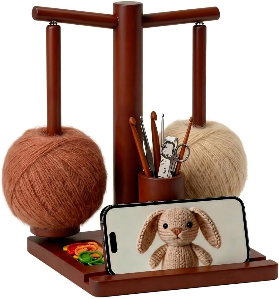 Magnetic Yarn Holder for Crocheting Wooden Yarn Spinner with 2 Spindles Desktop Yarn Ball Organizer with Phone Stand & Accessory Storage Slots for Knitting Crochet Lovers Grandma Home Crafters(Brown)