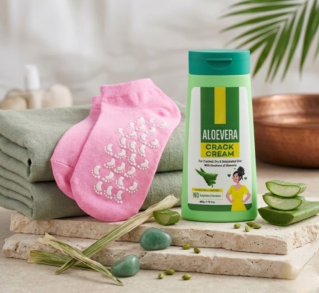 Aloe Vera Crack Cream with Moisturizing Gel Heel Socks Combo for Dry Cracked Heels, Soft Silicone Spa Deep Foot Care Men & Women (1 Pair Socks + 1 Aloe Vera Cream)-picture-19