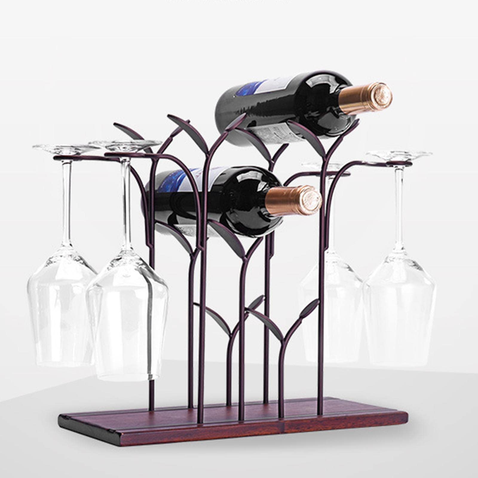 JUSHZ Botelleros Y Armarios para Vino Botellero Verticales Madera Soporte para Copa De Vino Metal Decoración Hogareña (34x16x33.2cm,Brown)