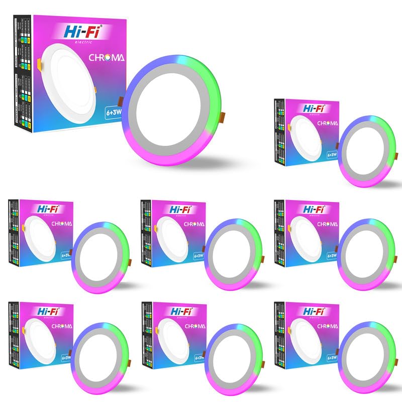 Image of elleys' Chroma Multicolour Ceiling Light | Concealed LED 3 in 1 Light Modes (6+3 Watt) | Ceiling Light for Home & Office | Recessed Led Downlighter |Cut-Out:125mm|Color - White & Multicolur Pack 8