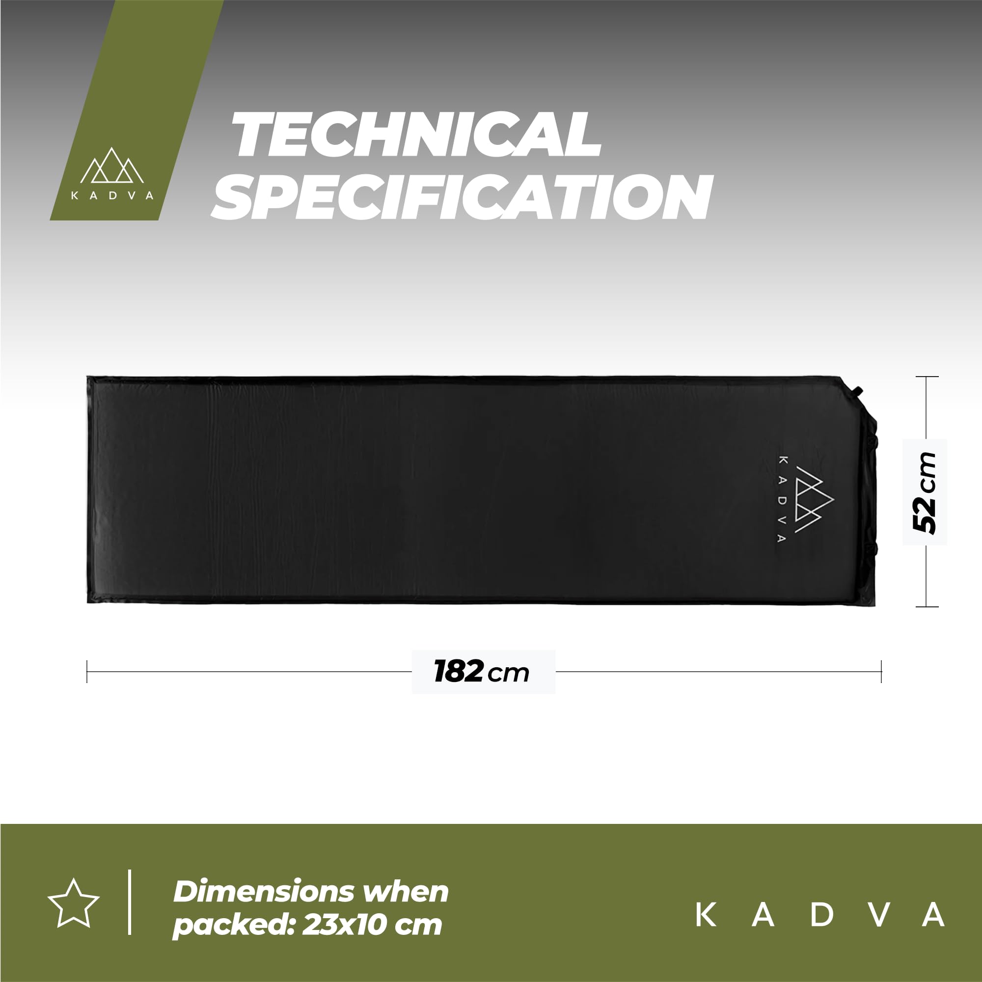KADVA Mata Samopompująca Aero Wygodna Lekka i Wytrzymała Mata do Spania Idealna na Kemping i Wędrówki Zewnętrzna warstwa 100% Poliester Wewnętrzna warstwa 100% Poliuretan 182x52 cm Kolor Czarny
