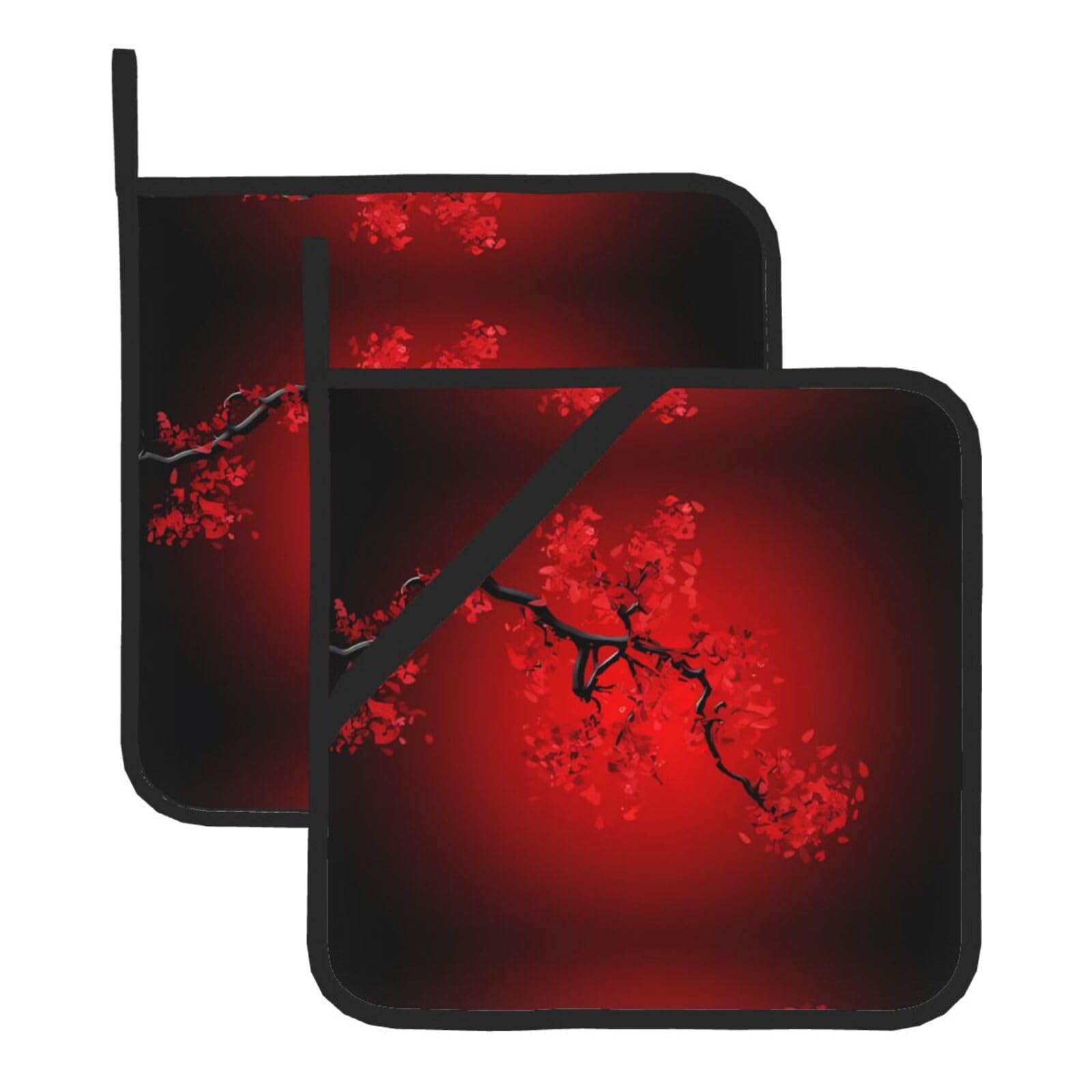 YYHHAOFA Red Cherry Blossom Prints Square Hot Pads for Kitchen Counter - Waterproof Pot Covers with Hanging Loop - Thick Heat Resistant Trivets for Microwave & Oven (2-Pack)