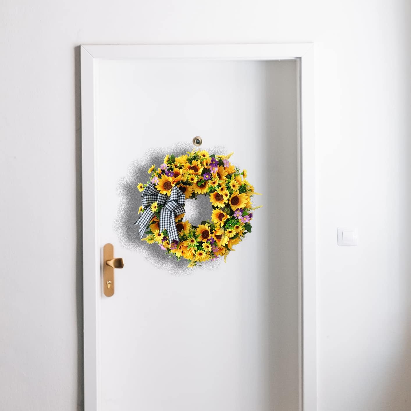 TOKCARE Sunflower Wreaths for Front Door, TOKCARE 18 inch Yellow Spring and Summer Door Wreath with Bow, Handmade Silk Sunflower Decor for Home Party Festival Wedding Decor