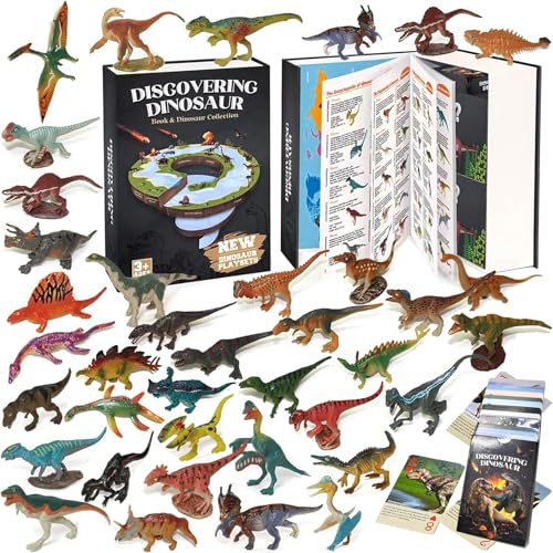 Image of BIWASE Dinosaur Toys for Kids 3-5 5-7, 50 pcs Realistic Dinosaurs with Book & Dinosaurs Learning Cards - Educational Small Dinosaur Figures for Party Favors Gifts, Boys and Girl 8-12 Year Old