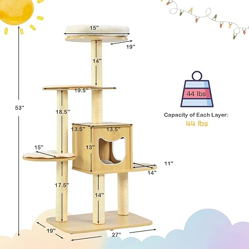 Miniatura 6 de PETSITE Árbol para gatos de 53 pulgadas de alto, torre moderna de madera para gatos con postes rascadores de sisal, condominio para gatos,
